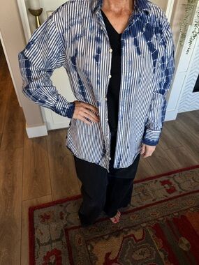 Anthropologie Blue and White Striped Tie-Dye Button-Up Shirt